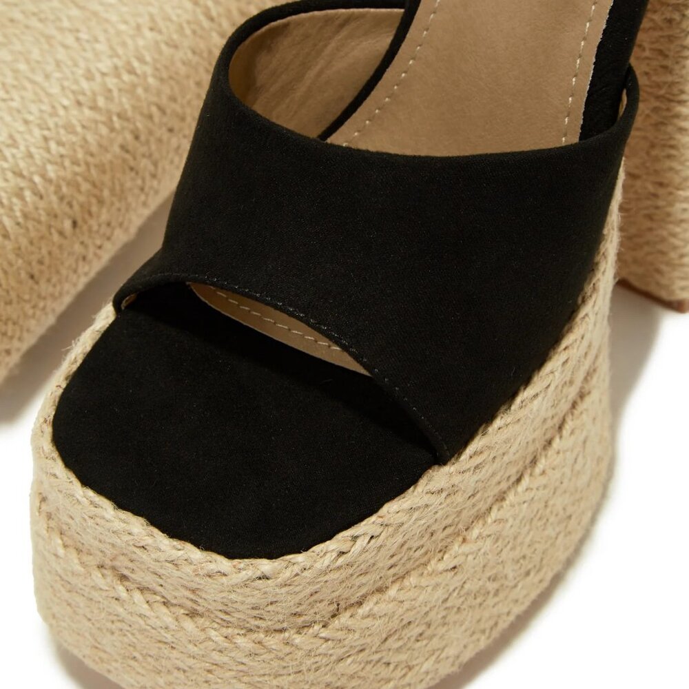 NEW🔥 Black Open Toe Raffia Double Platform Chunky Block Heel Sandal Ankle Strap - Picture 4 of 4